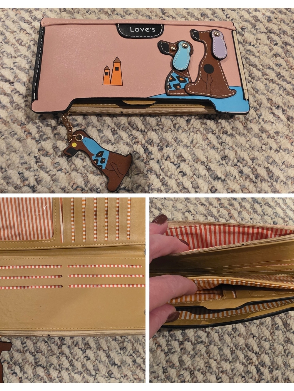 Love Pink Wallet with Brown Dog Applique and Blue Accents